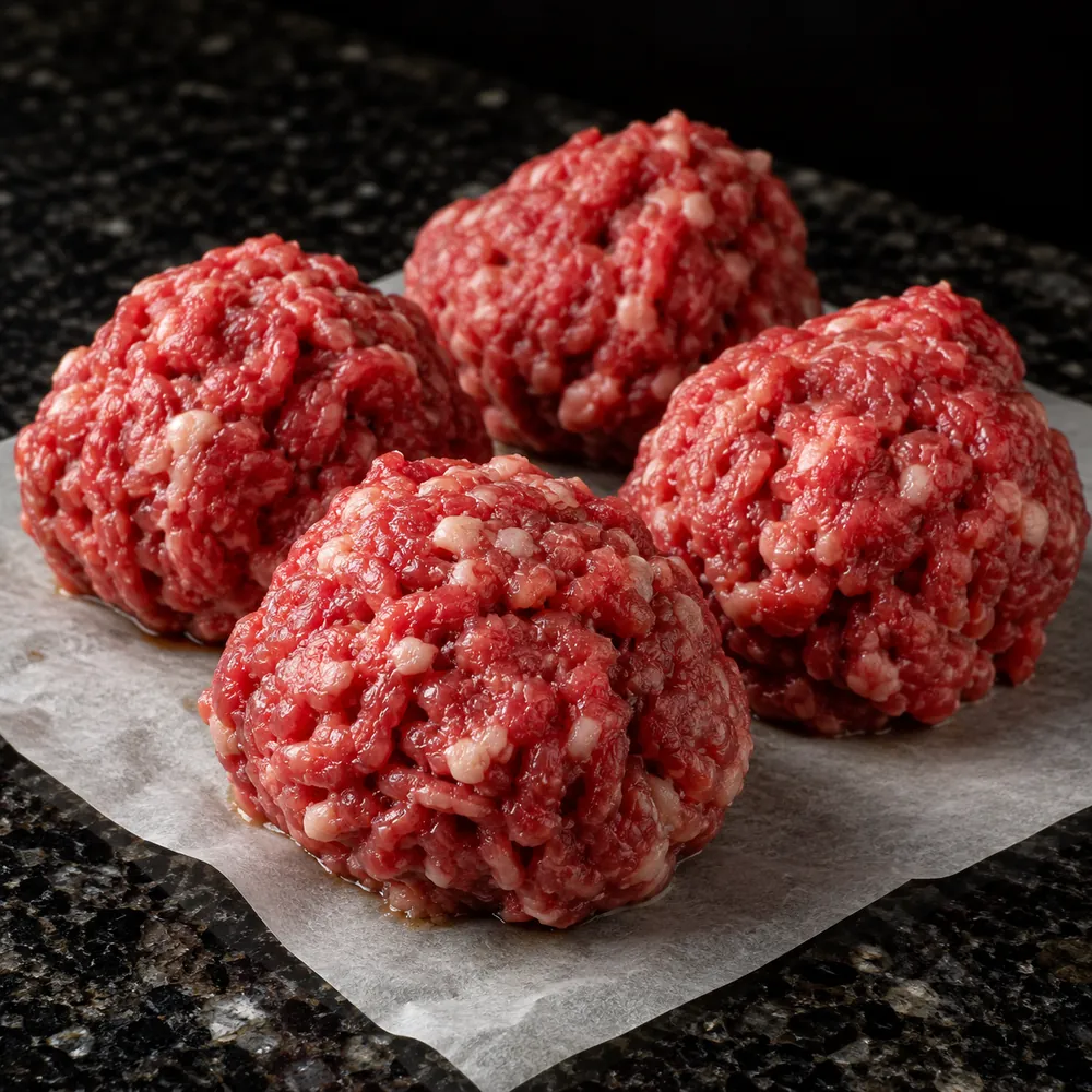 Four loose balls of raw ground beef on parchment.