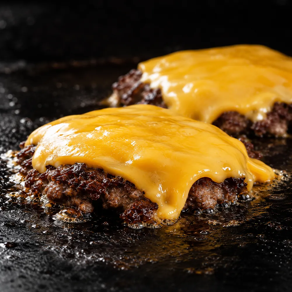 American cheese melting over two thin patties.