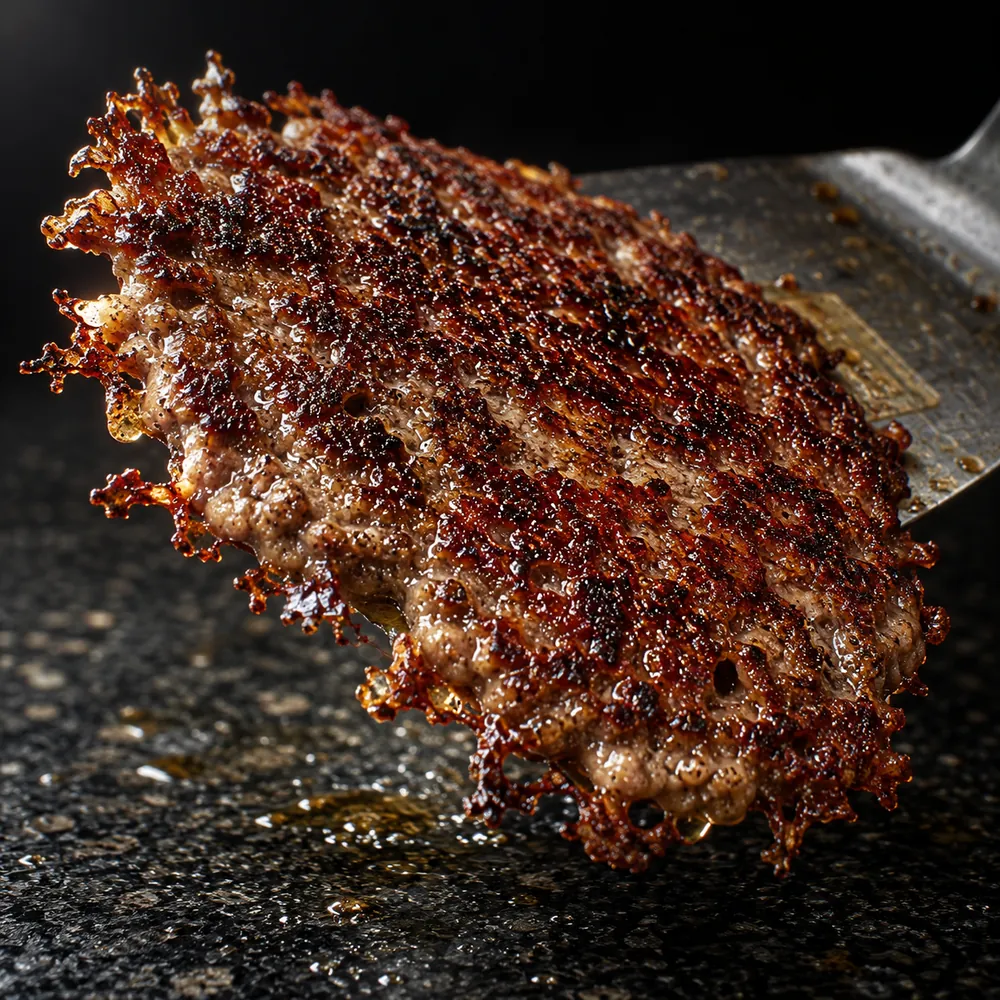 A thin patty flipped to show a deep brown, lacy crust.