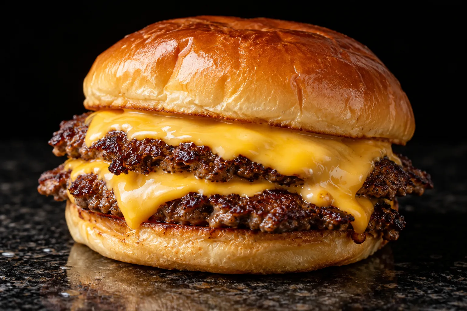 A double smash burger on a toasted bun, thin patties with lacy brown edges under melted American cheese.