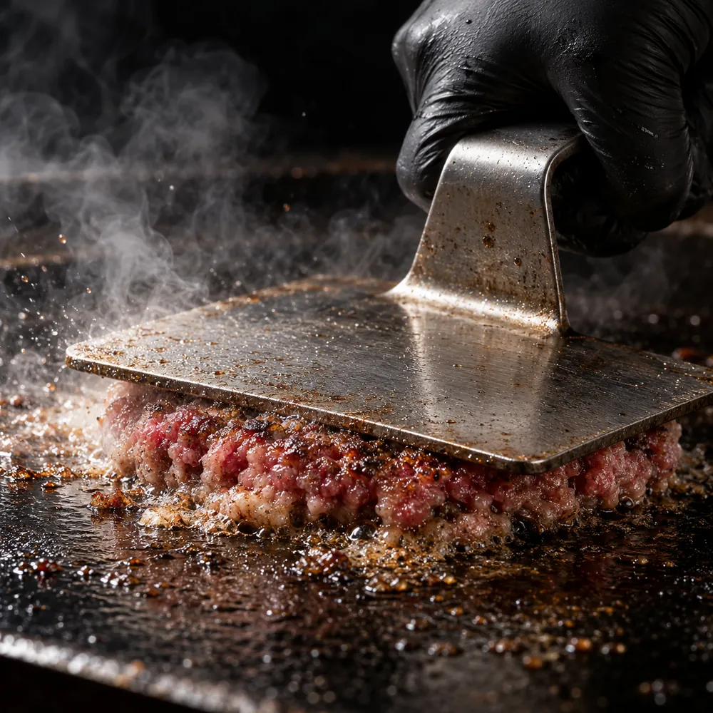 A gloved hand pressing a spatula down on ground beef on a hot griddle.