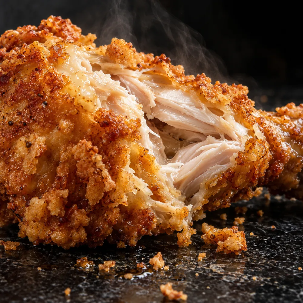 A fried chicken drumstick torn open, crisp crust and juicy meat.