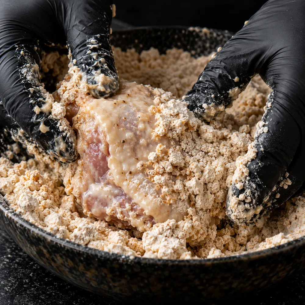 Gloved hands pressing chicken into shaggy seasoned flour.
