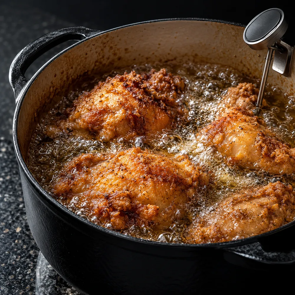 Chicken frying in a Dutch oven with a thermometer clipped to the side.