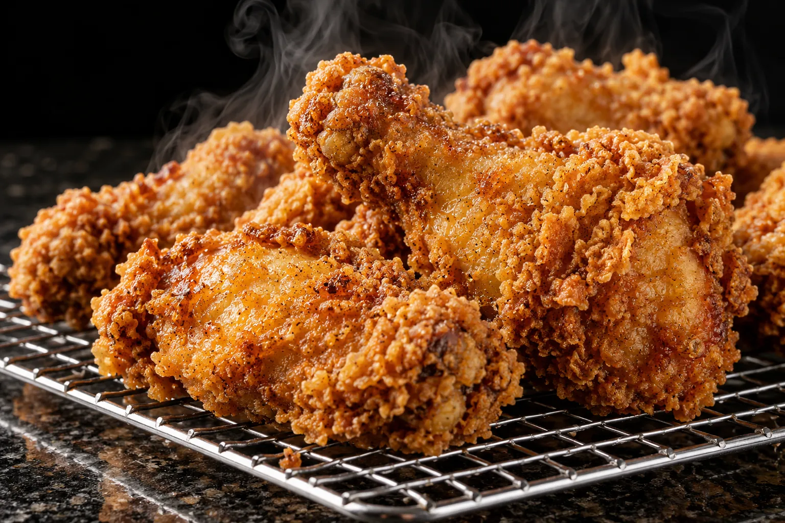 Craggy golden fried chicken piled on a wire rack, steaming.