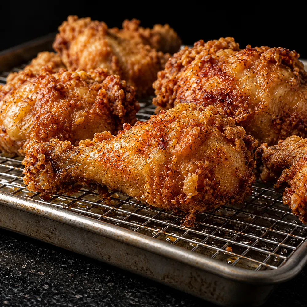 Fried chicken draining on a wire rack over a baking sheet.
