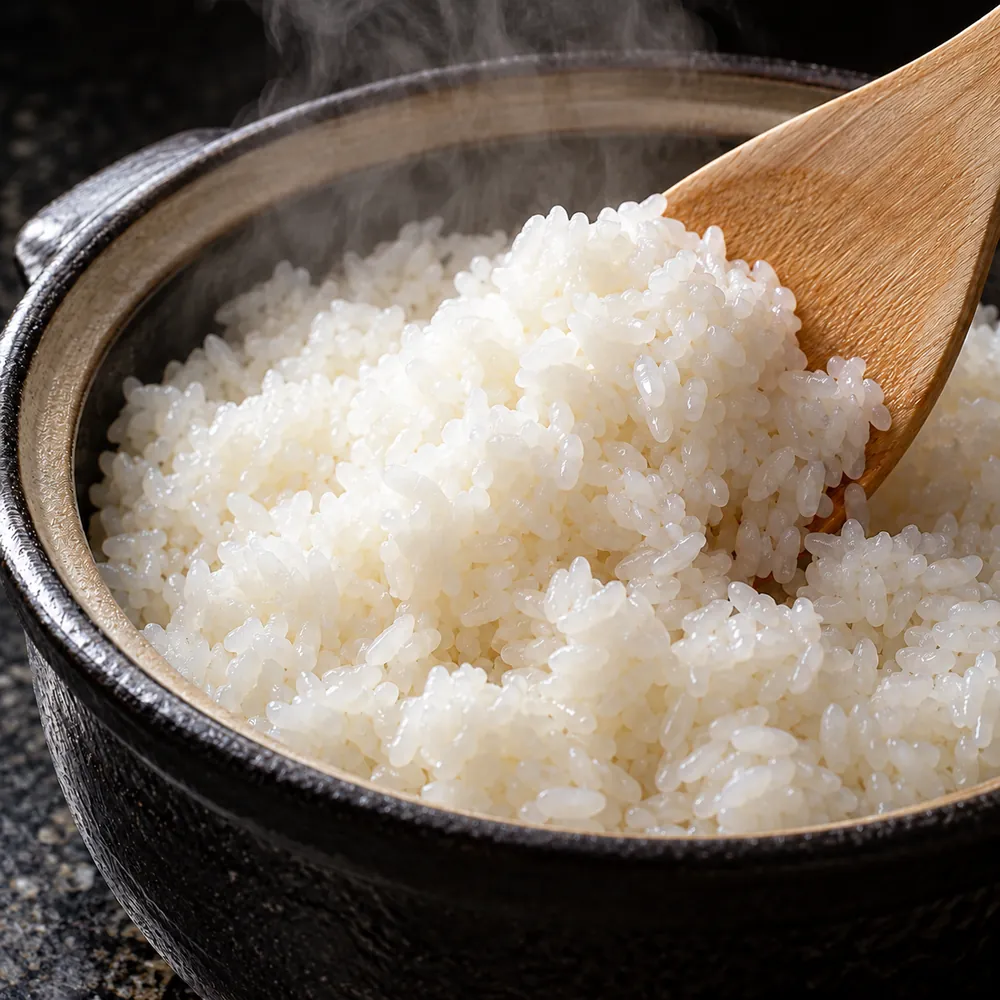 A rice paddle fluffing glossy cooked rice.
