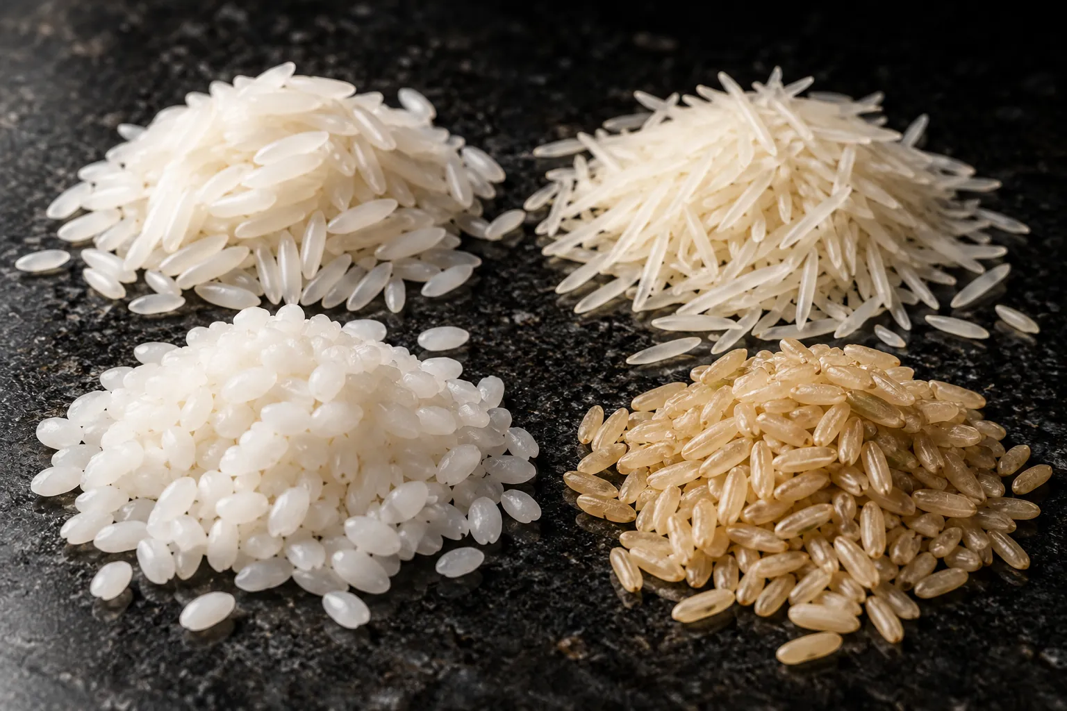 Small piles of jasmine, basmati, short-grain and brown rice.