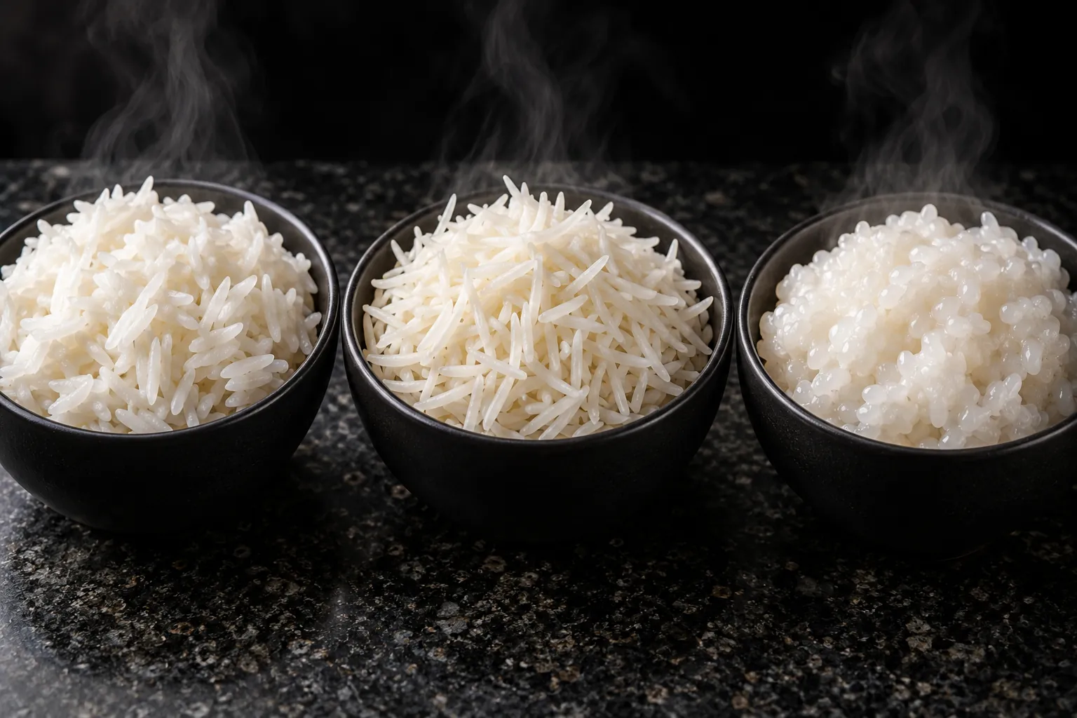 Three bowls of cooked rice: fluffy jasmine, long basmati and glossy short-grain.