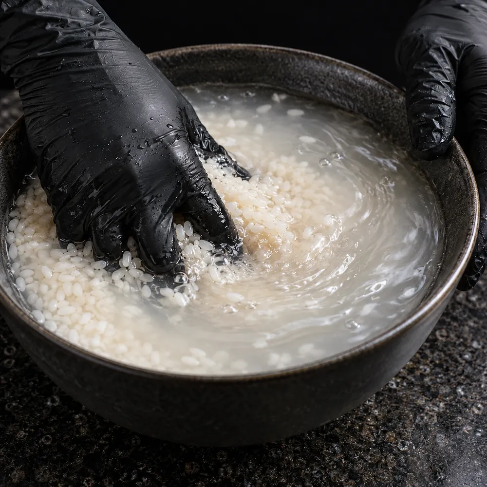 Gloved hands swirling rice in cloudy water.