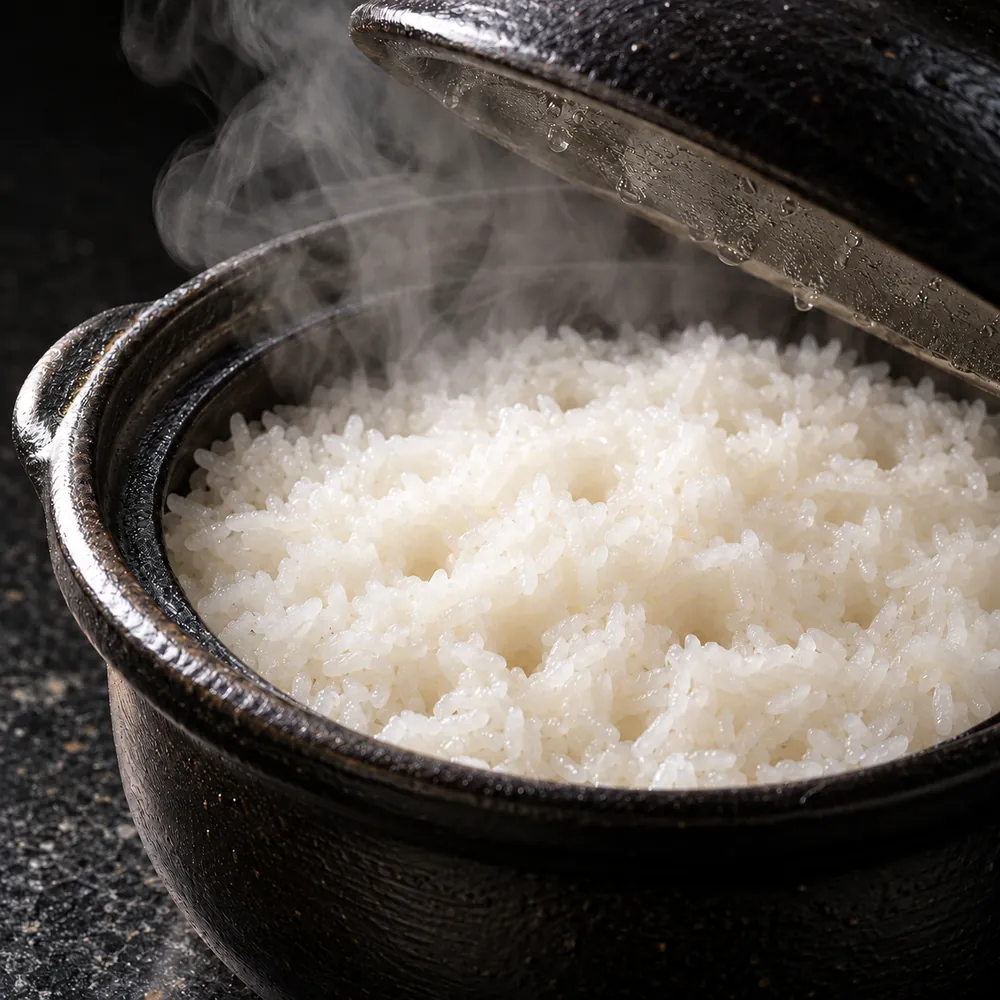 A lid lifted off a pot of cooked rice in a cloud of steam.