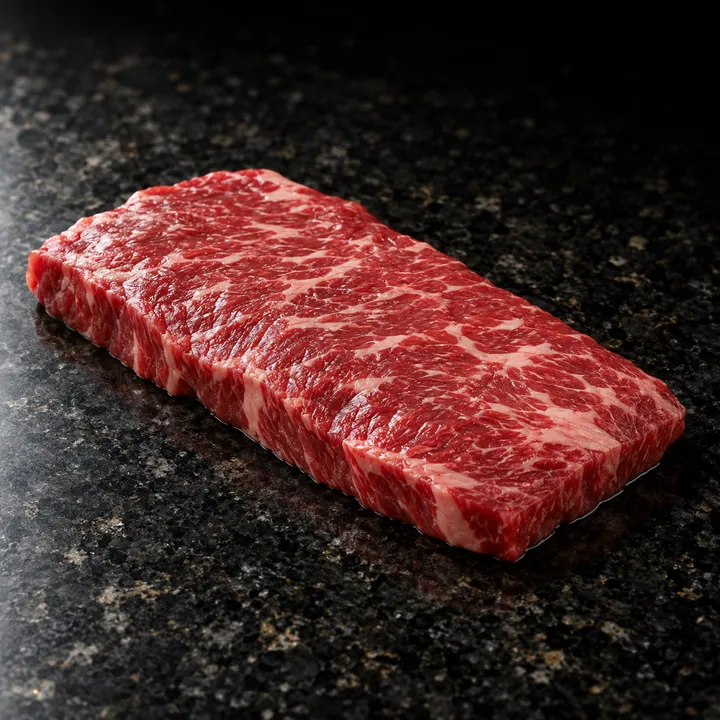A raw flat-iron steak on dark granite.