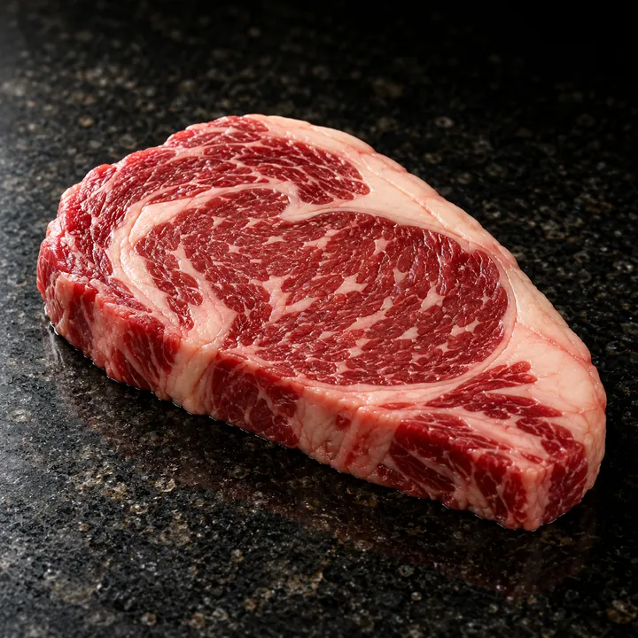 A raw rib-eye steak on dark granite.
