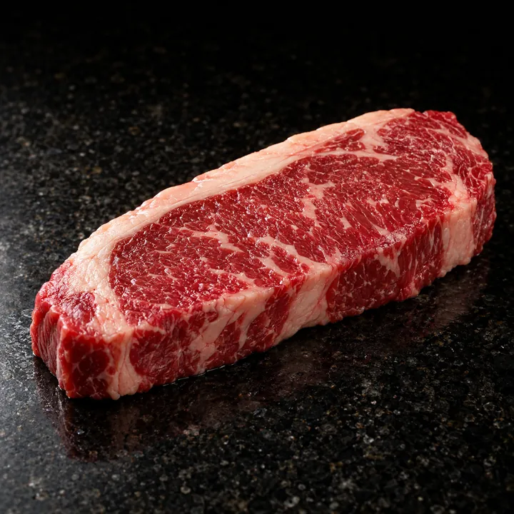 A raw top sirloin steak on dark granite.