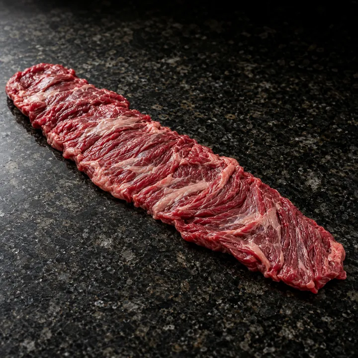 A raw skirt steak on dark granite.