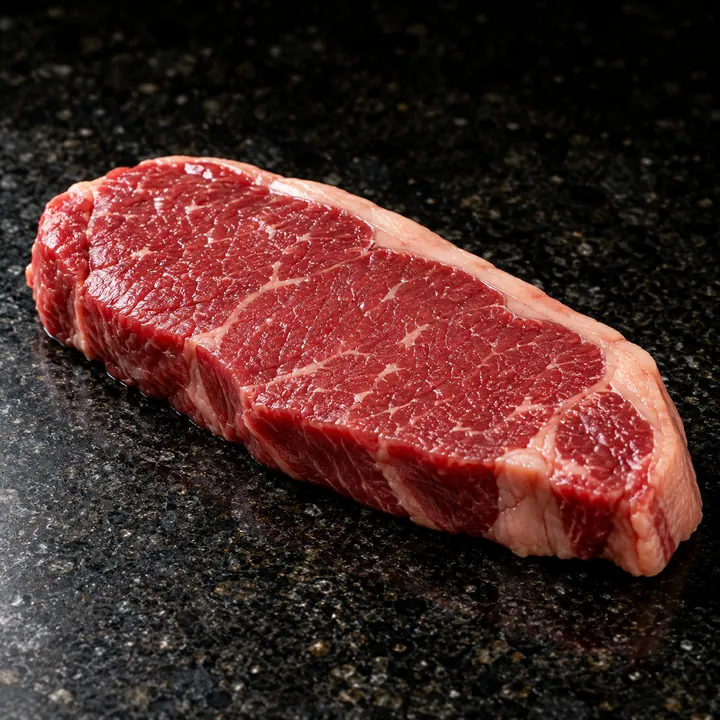 A raw strip steak on dark granite.