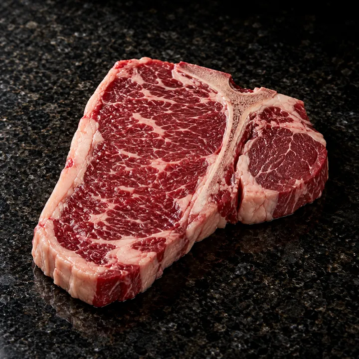 A raw t-bone steak on dark granite.