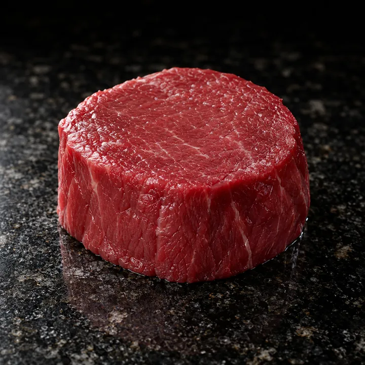 A raw tenderloin steak on dark granite.