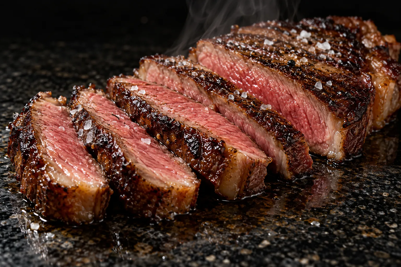 A thick steak sliced into strips on dark granite, rosy from edge to edge under a deep brown crust, with flaky salt and a wisp of steam.