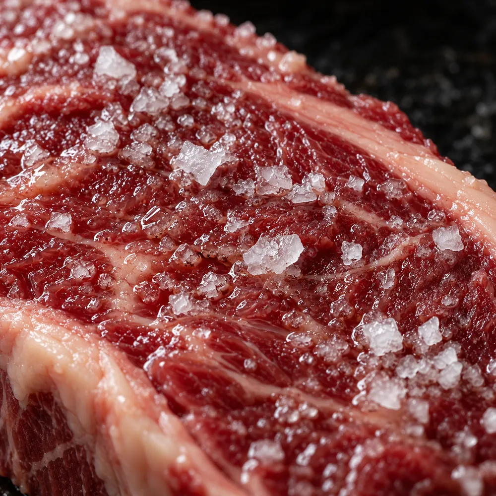 Coarse salt crystals on a raw steak, some dissolving into beads of moisture.