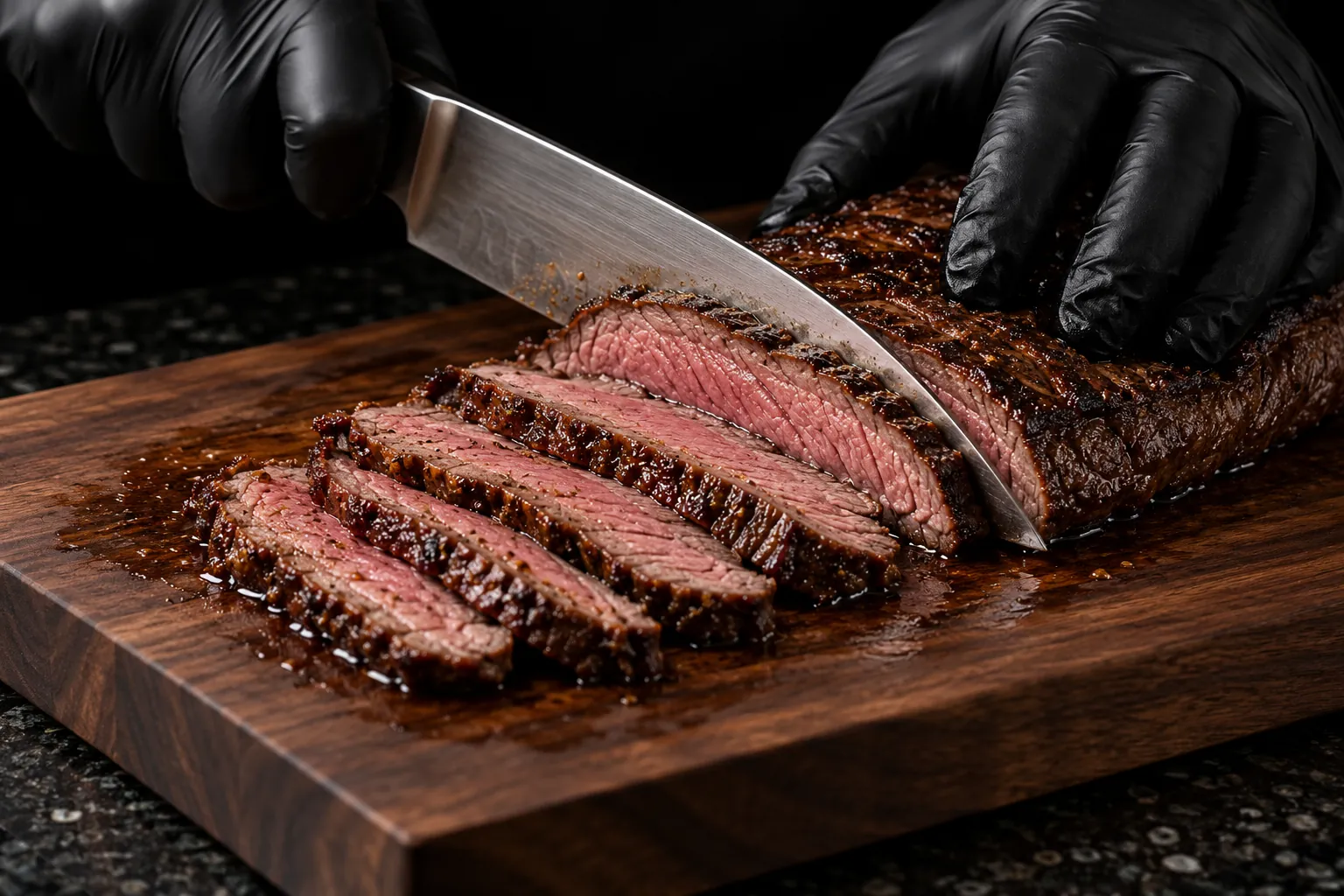 Gloved hands slicing a cooked flank steak across the grain on a walnut board.