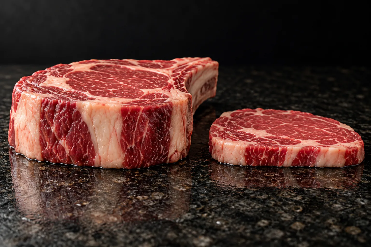 A very thick bone-in rib-eye beside a thin steak, showing the difference in thickness.