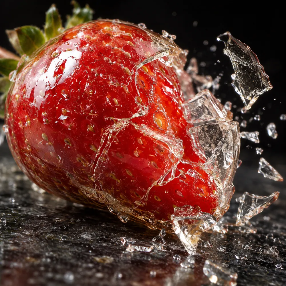 A tanghulu strawberry's glassy shell shattering into clear shards.
