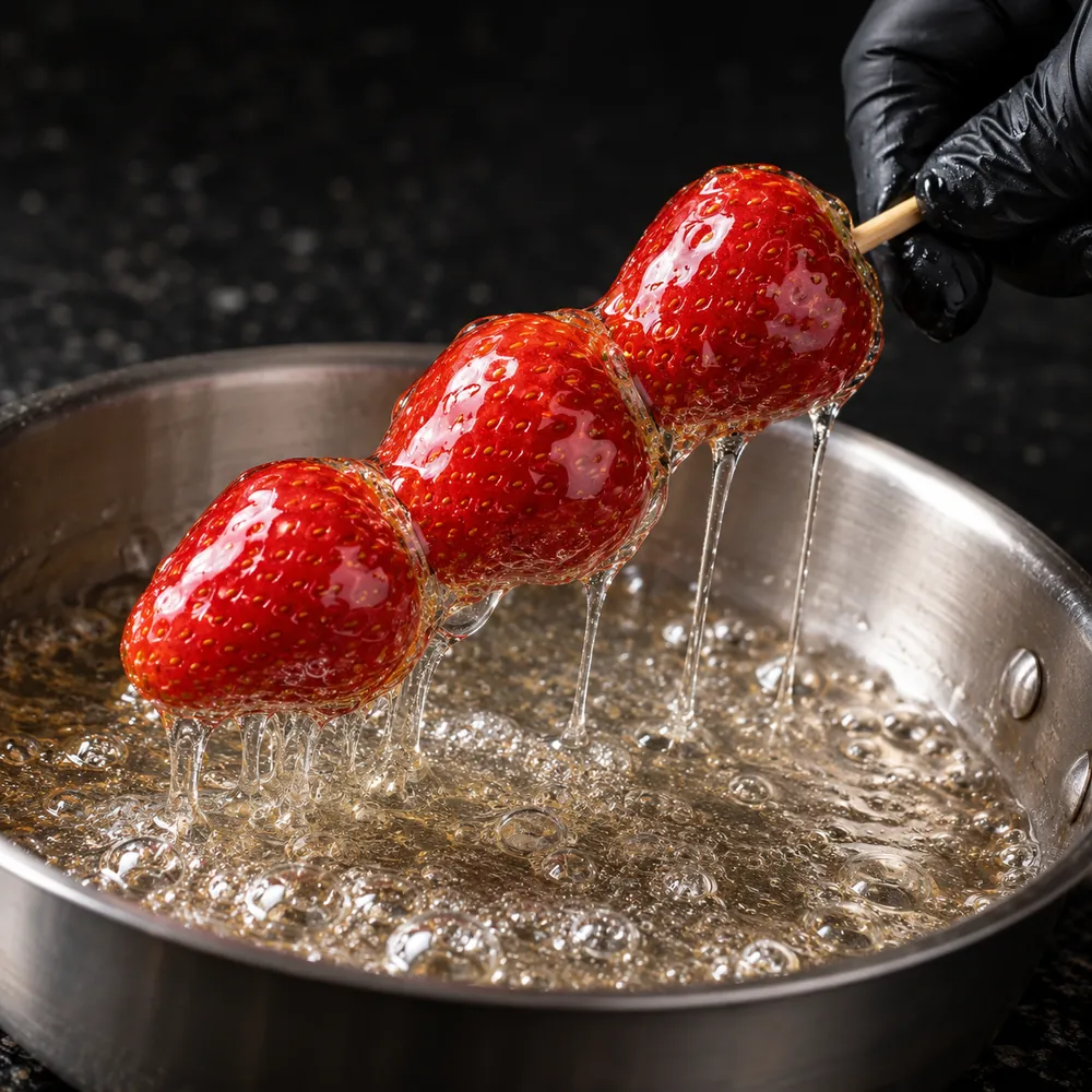 A gloved hand twirling a skewer of strawberries in hot syrup.