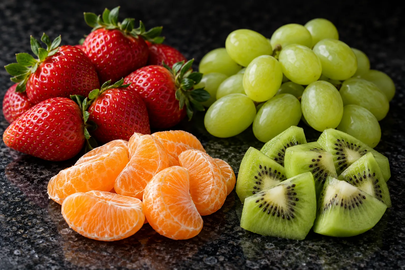 Strawberries, grapes, mandarin segments and kiwi on dark granite.