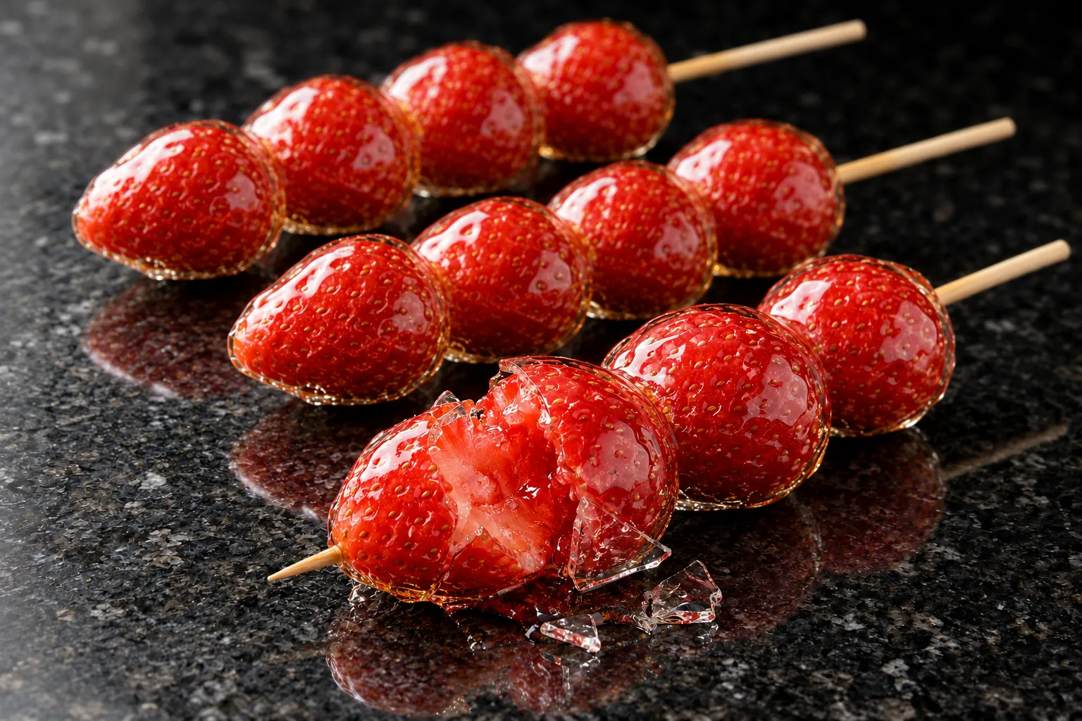 Strawberry tanghulu skewers in a thin, clear candy shell, one cracked open.