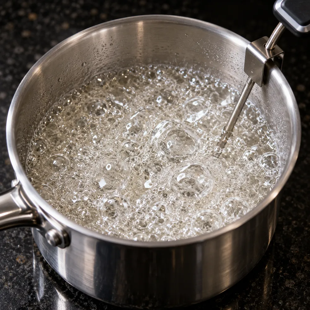 Clear sugar syrup boiling in a saucepan with a thermometer.